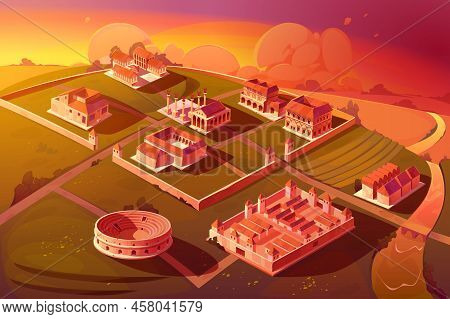 Rome Isometric Sunset Landscape With Antique Building Vector Cartoon Game Background. Capitol Temple