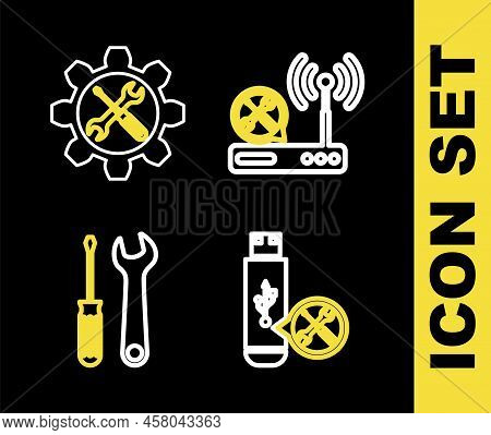 Set Line Router Wi-fi Service, Usb Flash Drive, Screwdriver And Wrench And Wrench Screwdriver In Gea