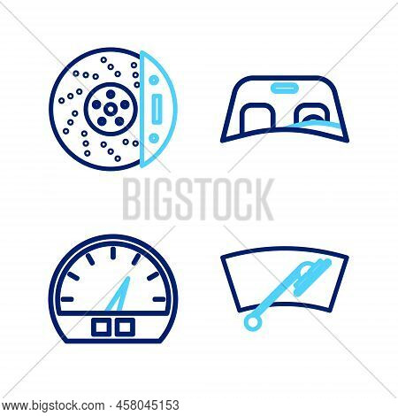 Set Line Windscreen Wiper, Speedometer, Car Windscreen And Brake Disk With Caliper Icon. Vector