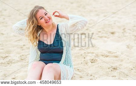 Plus Size European Or American Smiling Woman At Beach, Enjoy The Life. Life Of People Xxl Size, Happ