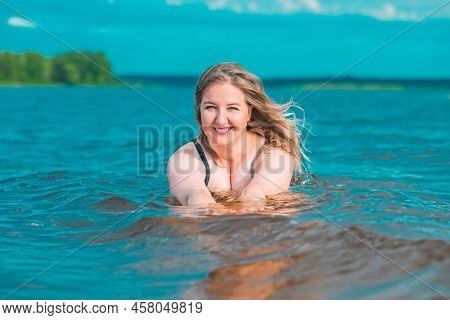 Plus Size European Or American Smiling Woman At Beach, Enjoy The Life. Life Of People Xxl Size, Happ