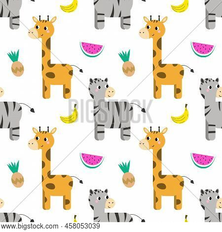 Pastel Cute Jungle Animals With Fruits Seamless Pattern Background Eps