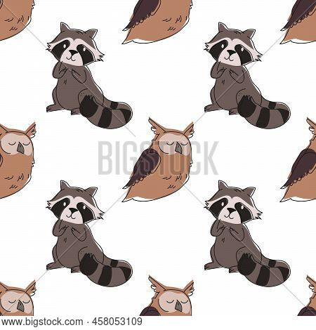 Seamless Background With Cute Forest Animals In Cartoon Style Eps
