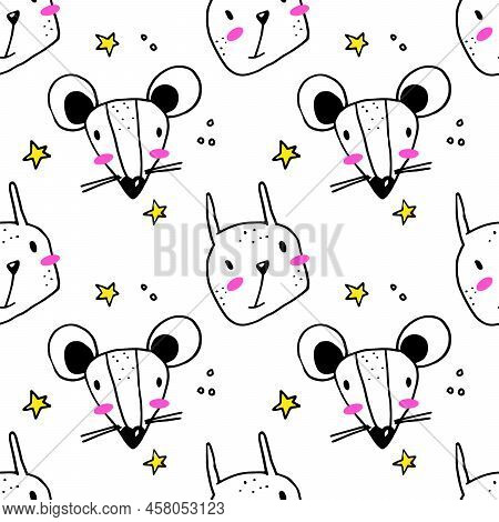 Cute Seamless Pattern With Line Art Style Wild Animals - Adorable Hand Drawn Design Eps