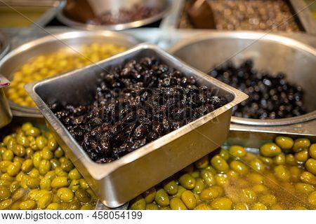 Various Olives At A Farmers' Market In Haif