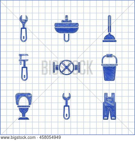 Set Industry Pipe And Valve, Wrench Spanner, Work Overalls, Bucket, Toilet Bowl, Pipe Adjustable Wre