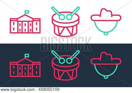 Set Line Western Cowboy Hat, United States Capitol Congress And Drum And Drum Sticks Icon. Vector