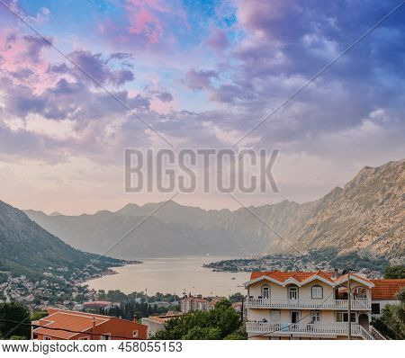 Sunset, Beautiful Landscape With Silhouettes Of Trees. Travel Concept. Montenegro, Kotor Bay. Sunset