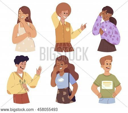 Set Of Cute Laughing People. Funny Men And Women Smile And Laugh. Happy Joyful Characters Express Po