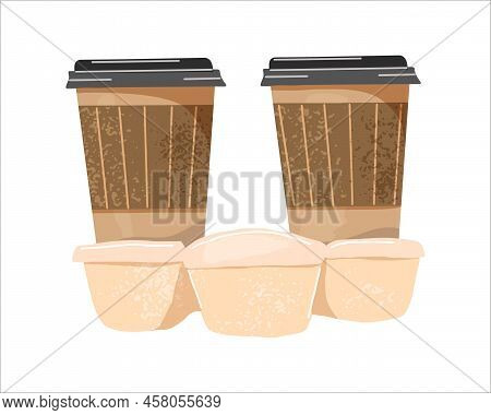 Takeaway Coffee Cups In Cardboard Container. Two Hot Drinks In Carton Mugs With Plastic Lids. Americ