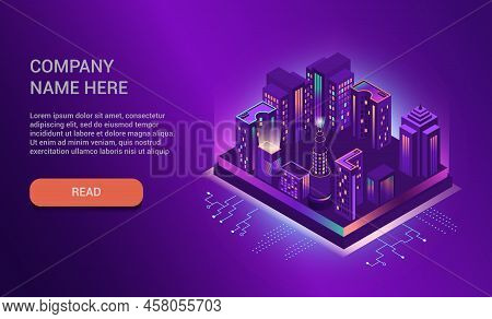 Background For The Website. Futuristic Smart Night City. Residential Urban Buildings And High-rise B