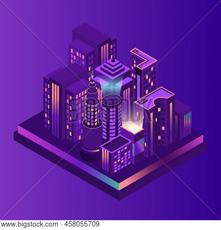 Futuristic Smart Night City. Residential Urban Buildings And High-rises In An Isometric Flat Design.