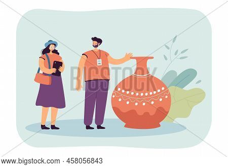 Tourist And Tour Guide Looking At Amphora. Guide Leading Sightseeing Individual Trip For Woman Flat 