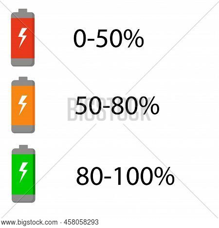 Battery Icons Set. Battery Charging Charge Indicator Icon. Level Battery Energy.
