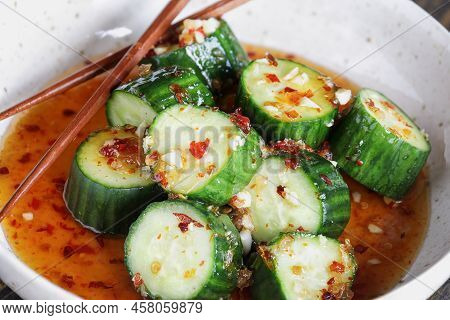 Overhead View Of Easy Spicy Korean Cucumber Salad, Oi Muchim, Made With Garlic And Hot Peppers. Extr