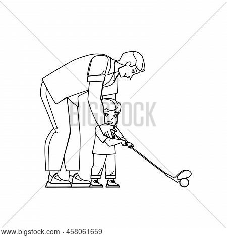 Father Son Golf Vector. Parent Children Play, Child Course Young Club Father Son Golf Character. Peo