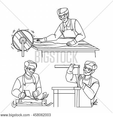 Joinery Man Working In Workshop With Tool Vector. Joinery Worker Work With Professional Instrument S