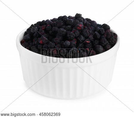 Freeze Dried Blueberries In Bowl On White Background