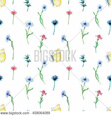 Meadow Flowers With Buterflies Watercolor Seamless Pattern On White.