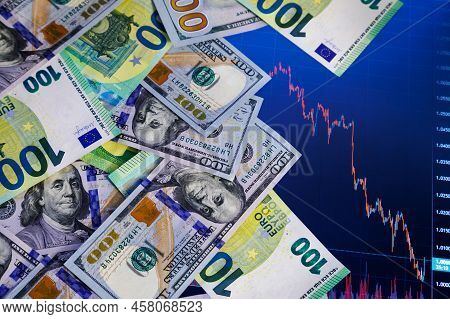 Us Dollar And Euro Banknotes Over Digital Screen With Real Life Exchange Chart, Usd Eur Parity Conce