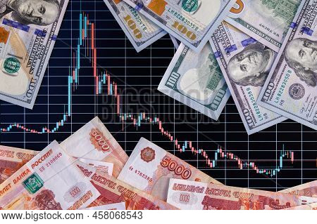 Us Dollar And Russian Ruble Banknotes Over Digital Screen With Real Life Exchange Chart, Usd Rub Dep