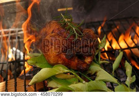 Roast Chicken Barbecue With Lemon Leaves, Outside Private House On A Public Holiday