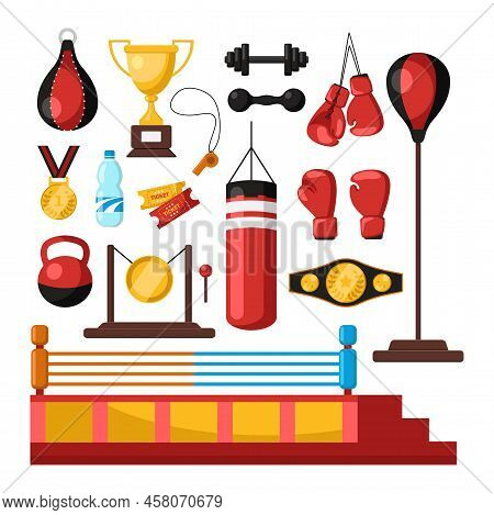 Boxing Equipment And Elements Flat Vector Illustrations Set. Cartoon Drawings Of Tools For Box Or Ki