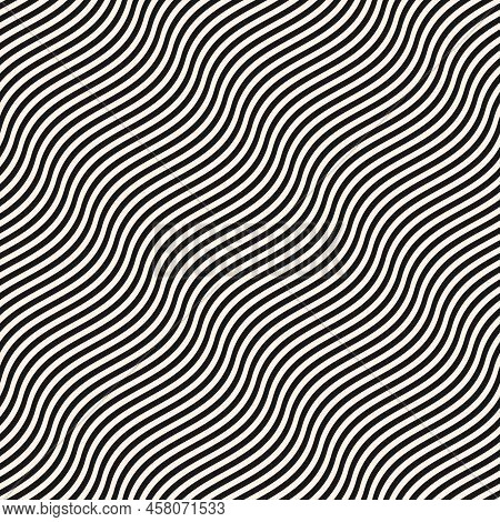 Simple Black And White Curvy Wavy Lines Pattern. Vector Seamless Texture With Diagonal Waves, Stripe