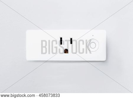 Modern Smart Plug And Wifi Outlet. Minimal Design Of Electricity With On Off Control Switch For Save