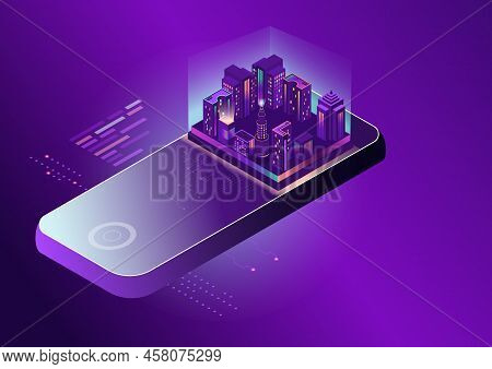 High-rise Buildings Of The City, Mobile Interface. Conceptual Banner Of Web Technologies.