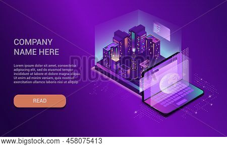 Background For The Website. Futuristic Smart Night City. Residential Urban Buildings And High-rise B