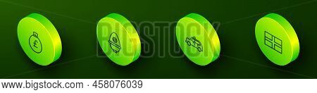 Set Isometric Line Money Bag With Pound, British Police Helmet, Taxi Car And Flag Of England Icon. V