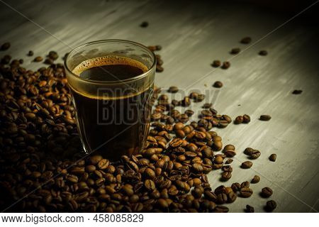 Black Roasted Coffee Beans. Cezva Cup Coffee Glass Rustic Style Turkish Ground Coffee