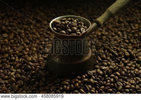 Black Roasted Coffee Beans. Cezva Cup Coffee Glass Rustic Style Turkish Ground Coffee
