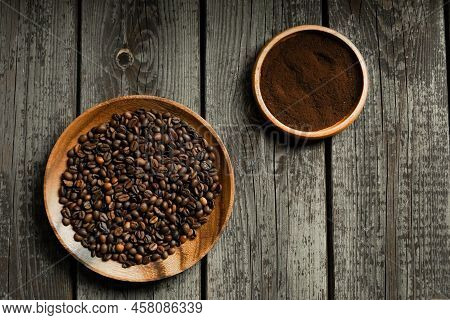 Black Roasted Coffee Beans. Cezva Cup Coffee Glass Rustic Style Turkish Ground Coffee