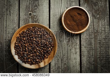 Black Roasted Coffee Beans. Cezva Cup Coffee Glass Rustic Style Turkish Ground Coffee