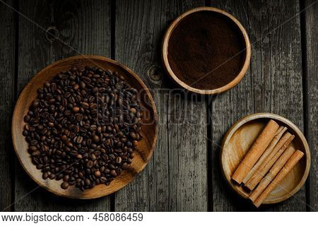 Black Roasted Coffee Beans. Cezva Cup Coffee Glass Rustic Style Turkish Ground Coffee