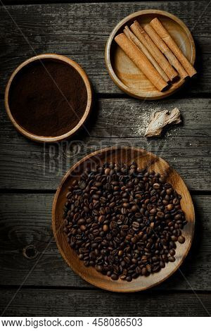 Black Roasted Coffee Beans. Cezva Cup Coffee Glass Rustic Style Turkish Ground Coffee