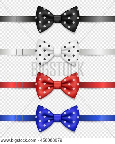 Vector 3d Realistic Black, White, Red, Blue Polka Dot Bow Tie With Clasp Set Isolated. Silk Glossy B