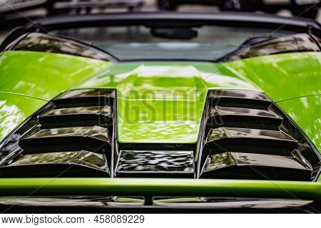 Wetzlar, Germany 2022-04-23: Lamborgini Metallic Logo Closeup On Lamborghini Car Displayed.