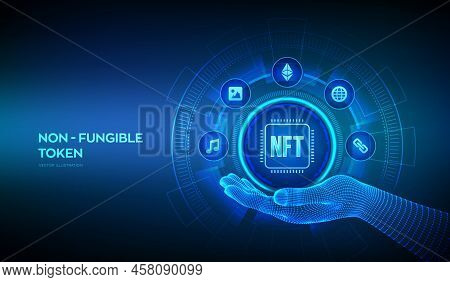 Nft Icon In Wireframe Hand. Non-fungible Token Digital Crypto Art Blockchain Technology Concept On V