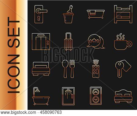Set Line Hotel Room Bed, Door Lock Key, Coffee Cup, Bathtub, Suitcase, Lift, Door Handle And Five St