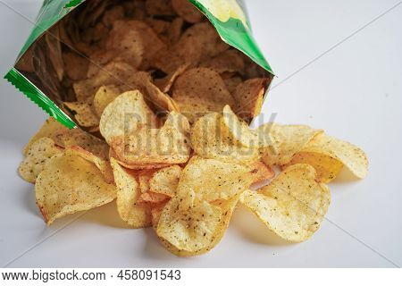 Potato Chips In Open Bag, Delicious Bbq Seasoning Spicy For Crips, Thin Slice Deep Fried Snack Fast 