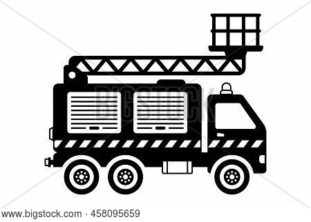 Black Icon Fire Truck Rides To The Call To Put Out The Fire. Flat Vector Illustration.