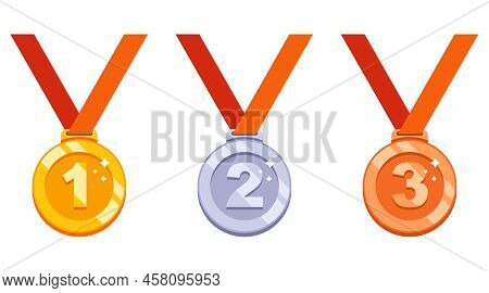 Set Of Gold, Silver And Bronze Medals. Prize For Sporting Achievements. Flat Vector Illustration.