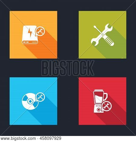 Set Power Bank Service, Crossed Screwdriver And Wrench, Cd Or Dvd Disk And Blender Icon. Vector