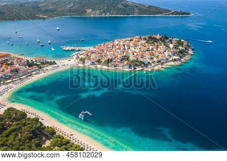 Town Of Primosten On Adriatic Sea In Dalmatia, Croatia, View From Air