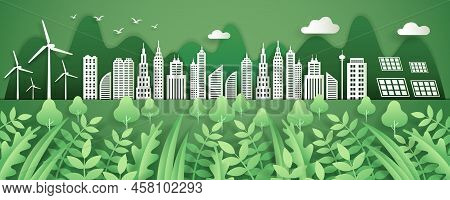 Building Paper Art, Windmills, Solar Cells And Leaves, Concept Of City And Nature.