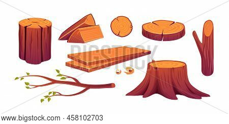 Set Of Woods, Wooden Logs, Round Slices And Stump, Tree Branch With Leaves, Cut Trunk Isolated Desig