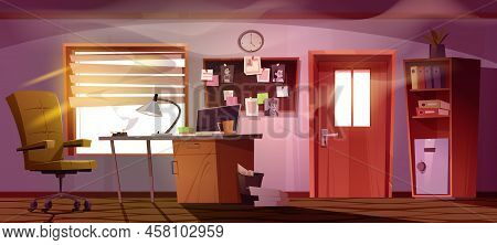 Detective Office Interior In Noir Style, Police Workplace Cabinet With Cigarette Smoke, Laptop On De